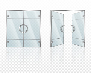 Double glass doors with metal frame and handles. Realistic mockup of open and closed doors