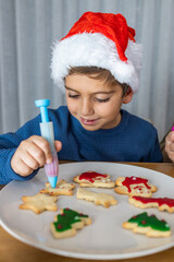Little kid decorating Christmas cookies at home