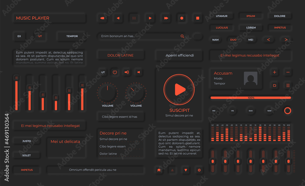 Poster neumorphism buttons, playlist menu, icons and volume sliders for music app. audio player user interf