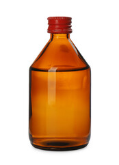 Glass bottle of medical alcohol isolated on white. First aid item