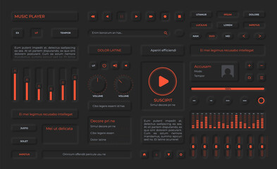 Neumorphism buttons, playlist menu, icons and volume sliders for music app. Audio player user interface elements in black design vector set