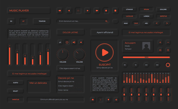 Neumorphism Buttons, Playlist Menu, Icons And Volume Sliders For Music App. Audio Player User Interface Elements In Black Design Vector Set