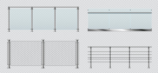 Realistic glass and metal balcony railings, wire fence. Transparent terrace balustrade with steel handrail. Pool fencing sections vector set - obrazy, fototapety, plakaty