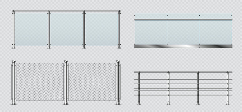 Realistic glass and metal balcony railings, wire fence. Transparent terrace balustrade with steel handrail. Pool fencing sections vector set