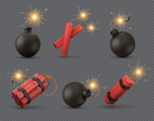 Realistic 3d bomb, tnt and dynamite sticks with burning fuse. Explosive military weapon or firecrackers with wick. Black bombs vector set - obrazy, fototapety, plakaty