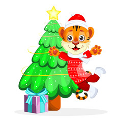 Cute, happy tiger with gift box and green 
Christmas tree. Christmas and new Year