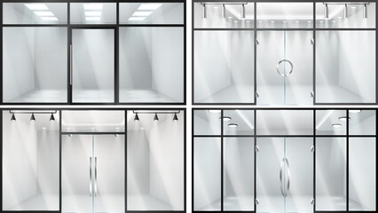 Store facades set with glass entrance door realistic. Shopping center mall entrance automatic