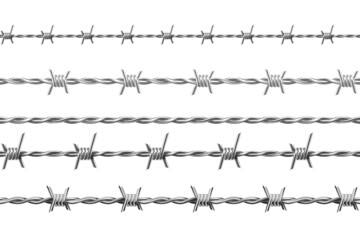 Realistic metal barbed wire, seamless borders with spikes. Jail or army fence protection with barbs. Boundary defense barbwire vector set