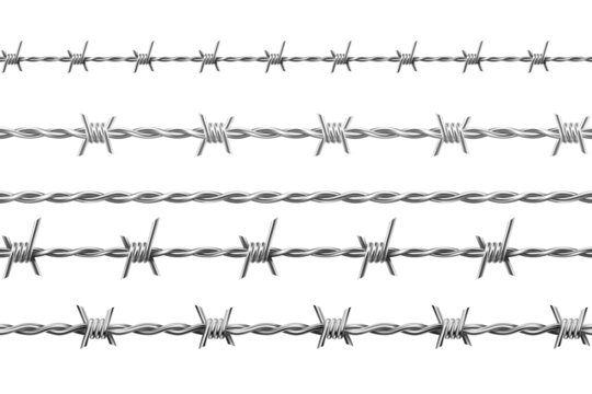 Realistic metal barbed wire, seamless borders with spikes. Jail or army fence protection with barbs. Boundary defense barbwire vector set