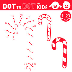 Dot to dot game. Candy stick. Christmas. Connect the numbers then color in the hidden picture. Coloring book. Learning counting number 1-20. Puzzle activity worksheet. Sketch vector illustration.
