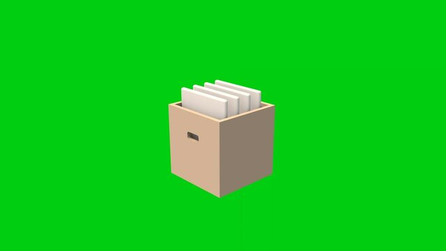3D animation of an office box with folders. Icon on the theme of office work. Job search and resume sending. Animated icon for the business sphere.  Chroma key, green screen, green background