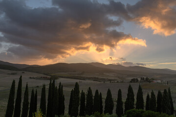 Toskanische Landschaft in der D&auml;mmerung  bei Sonnenaufgang mit Bergen Zypressen, H&auml;usern und Feldern im Herbst