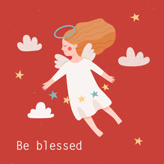 An angel flying in the clouds and holding a garland of stars. Christmas greeting card design. Cute vector illustration. Winter holidays card. An angel spreading blessings, joy and miracles.