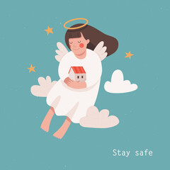 An angel flying in the sky and holding carefully a small house. Stay safe card design. 'You are protected by angles' message. Christian postcard. Vector illustration. 