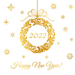 Obraz premium Happy New Year 2022. Golden Christmas wreath of abstract flowers with numbers 2021 inside isolated on a white background with snowflakes. Suitable for greeting card, banner, poster