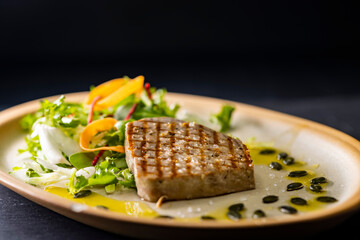 tuna steak with salad and pumpkin seeds and oil