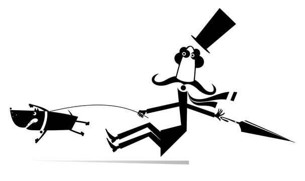 Funny long mustache and disobedient dog illustration. Cartoon long mustache man in the top with umbrella tries to stop an angry dog black on white