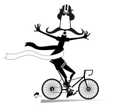Cartoon man rides a bike and wins the race illustration. 
Funny long mustache man in helmet rides a bike and finishes with a winner ribbon black on white
