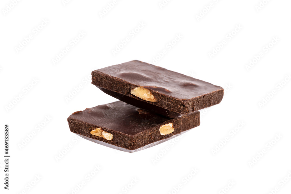 Poster two bars of chocolate with nuts in isolation on a white background