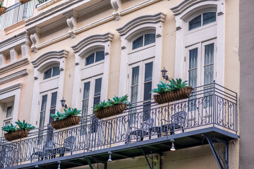 Plants hung on balconies in the historic French Quarter, of homes with traditional architecture for...