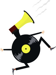 Cartoon running vinyl illustration. 
Comic long-playing record with hands, legs and loud hailer instead the head isolated on white
