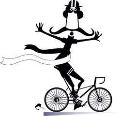 Obraz premium Cartoon man rides a bike and wins the race illustration. Funny long mustache man in helmet rides a bike and finishes with a winner ribbon black on white 