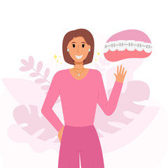 Young beautiful woman in braces. Orthodontic attachment. Cartoon dental brace. Woman wears metal braces. Vector illustration.
