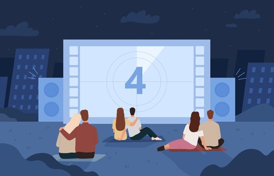 People Watching Outdoor Cinema On Big Screen At Night. Dating Couples In Backyard Movie Theater. Flat Open Air Cinema Evening Vector Concept