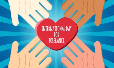 Hands with different skin colors from various tribes and races who unite to share love. Vector Illustration. International Day for Tolerance.