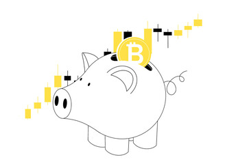 Cryptomonnaie Bitcoin dans tirelire en forme de cochon sur fond blanc avec graphique représentant le marché.