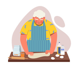 Boy knead dought. Preparing for other dishes. Character makes himself pizza. Husband does household chores, routine, delicious food, delicacy. Kitchen, indoor. Cartoon flat vector illustration