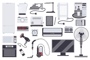 Household appliances isolated elements set. Bundle of refrigerator, iron, kettle, toaster, microwave, oven, TV, vacuum cleaner, fan and more. Creator kit for vector illustration in flat cartoon design