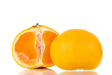 Two halves of sweet tangerine, close-up, isolated on white.