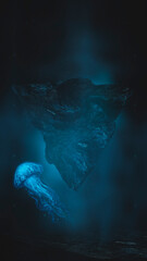 Underwater fantasy world. The dark bottom of the ocean, the abyss. Underwater rocks and tunnels. Underwater landscape. Neon sea jellyfish at the bottom of the sea. Dark natural marine background. 3D 