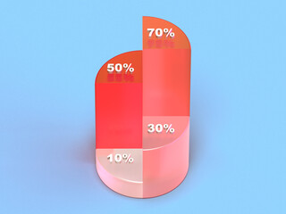 3D rendered chart with separated sections on a light background. Illustration for business, financial development, or indicating data. Visualization of information.