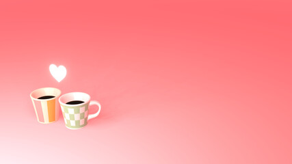 二つのコーヒーカップ　ハート　ピンク　背景　3DCG　ポスター　俯瞰
