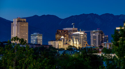 Fototapeta premium Salt Lake city Temple construction and skyline closeup at night