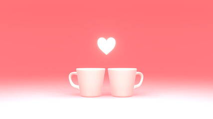 二つの白いコーヒーカップ　ハート　ピンク　背景　3DCG　ポスター　正面