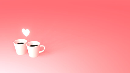 二つの白いコーヒーカップ　ハート　ピンク　背景　3DCG　ポスター　俯瞰
