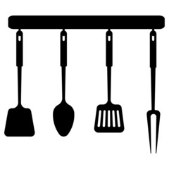 Kitchen tools on a hanger - whisk, ladle, spatula, potato masher. Isolated vector illustration on white background.
