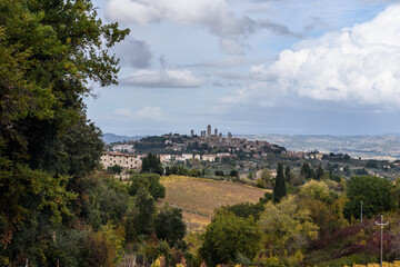 Fototapeta na wymiar Blick über Weinberge in Herbstfarben und Bäume auf San Gimignano im Hintergrund in der Toskana