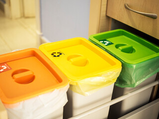 Domestic recycling bins placed in a kitchen drawer