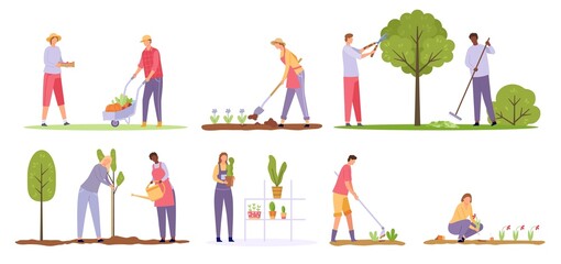 Flat people characters planting trees and flowers in garden. Ecology volunteers with shovels and rakes. Farm and gardening worker vector set