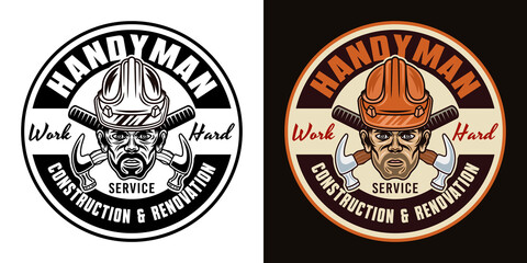 Construction service and handyman vector round emblem, label, badge or logo with worker head in hard hat and crossed hammers. Illustration in two styles black on white and colorful on dark background