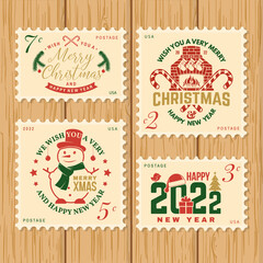 Set of Merry Christmas and Happy New Year stamp, sticker with silhouette of snowman, winter scarf, forest landscape, mug of hot chocolate, fireplace. Vector. Vintage design for xmas, new year emblem.