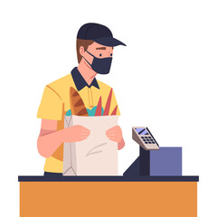 Man Cashier at Supermarket or Grocery Store Wearing Face Mask During Epidemic of Virus Vector Illustration