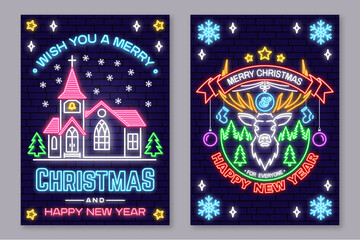 Set of Merry Christmas and 2022 Happy New Year posters in neon style. Collection of neon signs, design template, brochure, glowing poster. Bright neon advertising of xmas, Christmas and new year