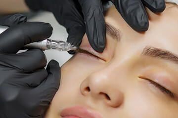 Permanent make up eyeliner procedure, applying on young girl. Close-up. Young beautiful woman...