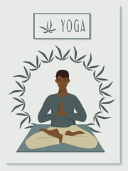 Young man practicing lotus asana. Yoga studio poster. Copy space Vertical vector illustration