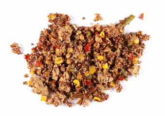 Vegetables with tuna pieces, red quinoa, green lentil, dry tomato, cooked corn isolated on white,...
